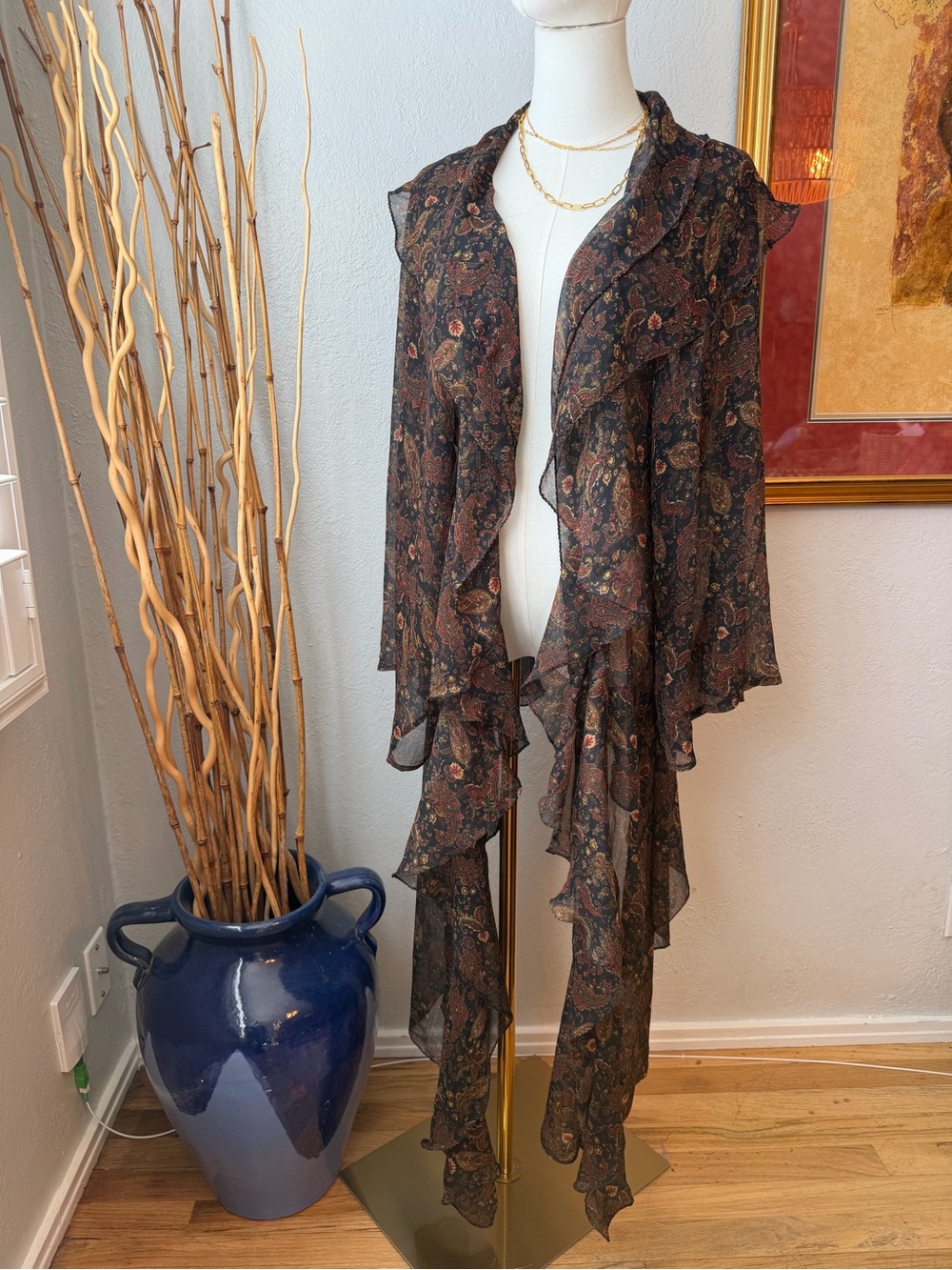 Anthropologie Free People O/S Sheer Paisley Ruffle Duster.